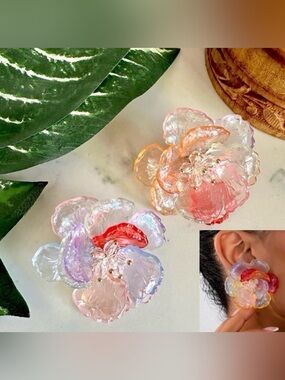 2/$30🌵 Large Colorful Translucent Acrylic Flower Earrings Floral Zara Gift NEW